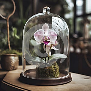 an orchid flower under a glass dome, Generative AI