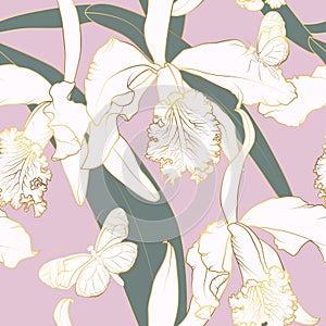 Orchid flowers pattrn. Gold floral line art.