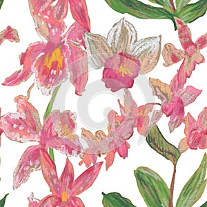 Orchid flowers wax crayons seamless pattern on white isolated background. Textural and botanical repeating pattern. Spring Asian