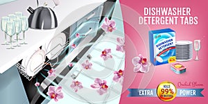 Orchid fragrance dishwasher detergent tabs ads. Vector realistic Illustration with dishwasher in kitchen counter and detergent pac