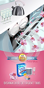 Orchid fragrance dishwasher detergent tabs ads. Vector realistic Illustration with dishwasher in kitchen counter and detergent pac