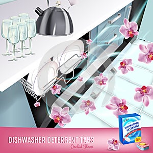 Orchid fragrance dishwasher detergent tabs ads. Vector realistic Illustration with dishwasher in kitchen counter and detergent pac