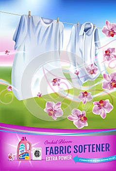 Orchid fragrance fabric softener gel ads. Vector realistic Illustration with laundry clothes and softener rinse container. Vertica