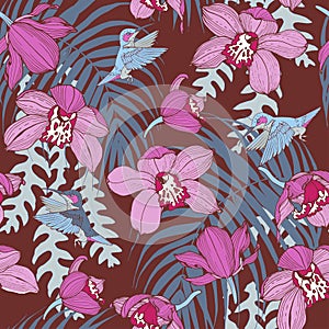 Orchid and Hummingbird flowers seamless