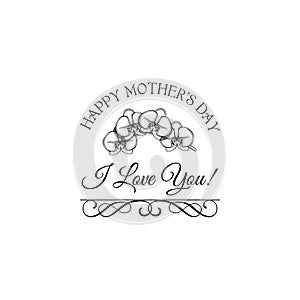 Orchid Mother s Day greeting card with swirls. Best mom ever lettering. Vector.