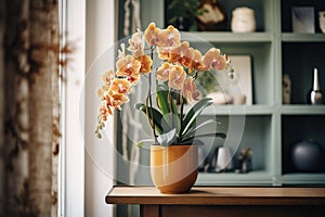 Orchid, orchidaceae, flower with leaves in a pot