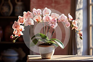 Orchid, orchidaceae, flower with leaves in a pot