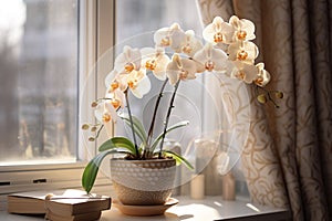 Orchid, orchidaceae, flower with leaves in a pot