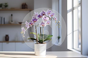 Orchid, orchidaceae, flower with leaves in a pot