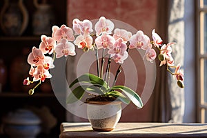 Orchid, orchidaceae, flower with leaves in a pot photo