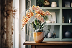 Orchid, orchidaceae, flower with leaves in a pot photo