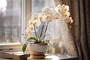 Orchid, orchidaceae, flower with leaves in a pot photo