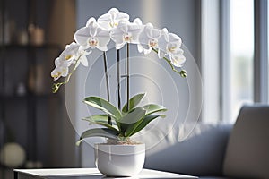 Orchid, orchidaceae, flower with leaves in a pot photo