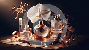 An orchid with perfume bottles, Ai generated image