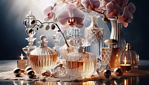 An orchid with perfume bottles, Ai generated image