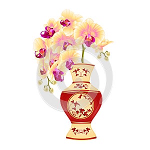 Orchid phalenopsis yellow in a vase of porcelain with red leaves vintage vector illustration editable