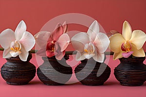 Concept Floral Photography, Color Harmony, Elegant Orchid Quintet on Crimson A Vanilla Symphony photo