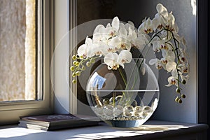 Orchid Sprigs In A Transparent Vase In A Lightcoloured. Generative AI