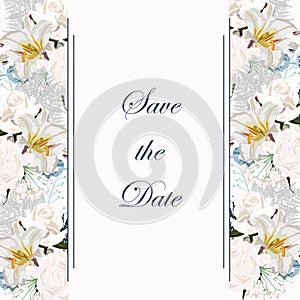 Botanical spring wedding invitation card template design, white roses and lilies, wild herbs composition.