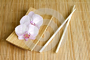 Orchids on bamboo mat abstract asian food unique concept