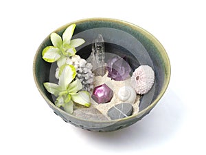 Orchids, Crystals, Shells, and Stones in Handmade Ceramic Bowl