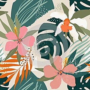 Orchids Tropical flowers and artistic palm leaves on background. Seamless. Vector pattern.