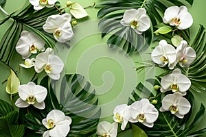 Orchids and tropical leaves on pastel green background.