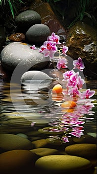 Orchids in Water, Round Stones for SPA Salon, Relaxation, Orchid Flowers and Pebbles