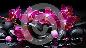 Orchids in Water, Round Stones for SPA Salon, Relaxation, Orchid Flowers and Pebbles