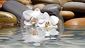 Orchids in Water, Round Stones for SPA Salon, Relaxation, Orchid Flowers and Pebbles