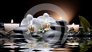 Orchids in Water, Round Stones for SPA Salon, Relaxation, Orchid Flowers and Pebbles