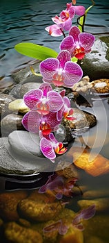 Orchids in Water, Round Stones for SPA Salon, Relaxation, Orchid Flowers and Pebbles