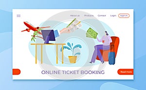Order airplane ticket online booking, web application website banner, template landing webpage mobile app flat vector