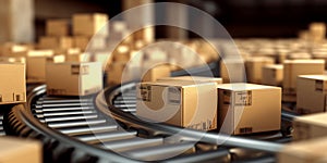 The carton boxes on the conveyor belt with AI generated.