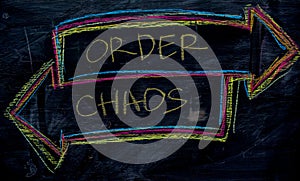 Order or Chaos written with color chalk concept on the blackboard