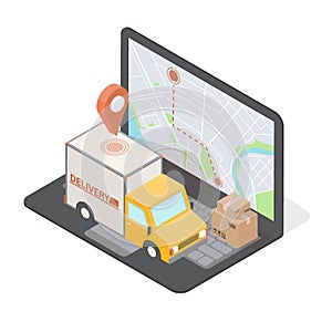 Order Delivery concept for commercial free fast shipping. Isometric truck and laptop screen with map. 3D vector