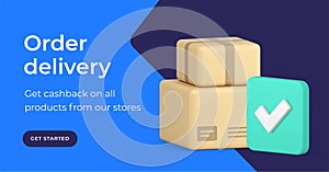 Order delivery parcel postal cardboard box courier service 3d landing page realistic vector