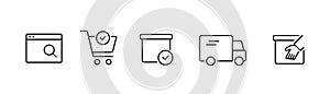 Order delivery status icon in line. Shipping status in line. Delivery status icons set. Order track in outline. Shipment parcel.