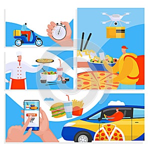 Order food delivery online service, fast to door flat banners set vector illustration. Courier delivering restaurant