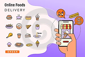 Order foods online from app by smart phone. Fast food delivery. Concept illustration with food icons.