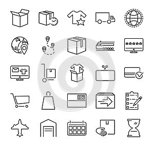 Order fulfillment vector illustration icon collection. Outlined pictorgrams about online shopping, delivery service and packaging.