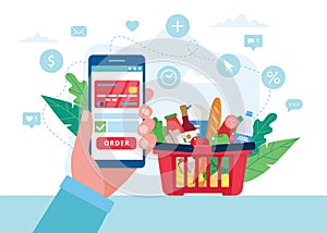Order grocery online. Order with smartphone and pay with credit card. Cart with different groceries. Vector illustration