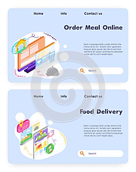 Order meal online. Food fast delivery app. Vector web site design template. Landing page website concept isometric