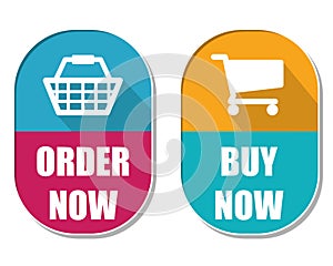 Order now and buy now with shopping basket and cart signs, two e