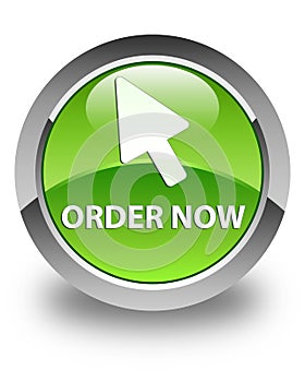 Order now (cursor icon) glossy green round button