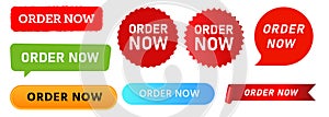 Order now transaction call to action button ribbon label sticker commerce design set collection