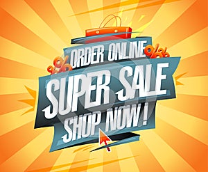 Order online super sale, shop now, vector poster or web banner design with shopping paper bag and percents symbols