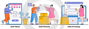 Order placed, received and processing concept with tiny people. E-commerce shopping vector illustration set. Online booking,