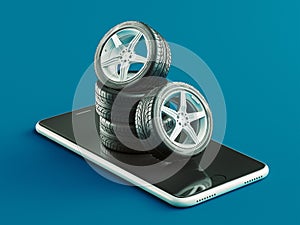 Order tires on line, 3d rendering