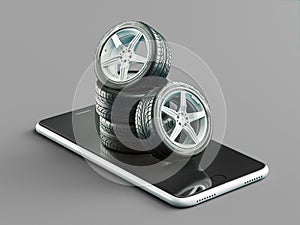 Order tires on line, 3d rendering